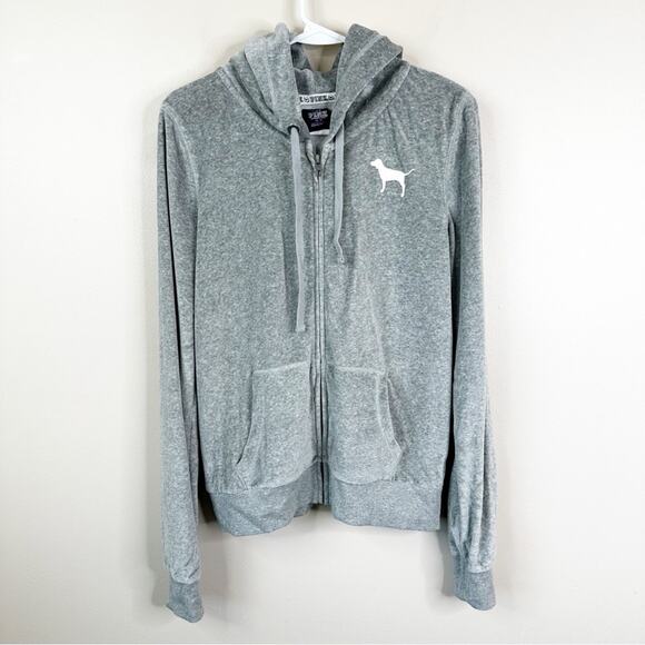 NEW LOVE PINK Y2K 2010 Victoria's Secret Grey Velour Zip Up Jacket Womens M - Picture 2 of 9